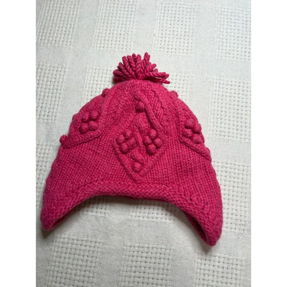 Janie Jack Baby Girl Pink‎ Knit Hat Pom Pom Tassle Cable Knit 12 24 Months